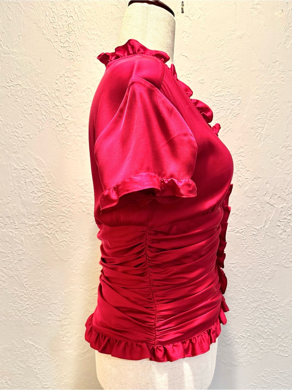 Silk ANTONIO MELANI Ruby Red Ruffled Ruched V-Neck Blouse - Picture 3 of 10